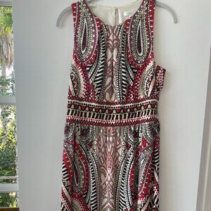 London Times Red‎ Print Maxi Dress with Back Keyhole Cutout, Sleeveless Size 8